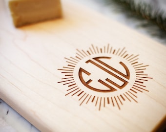 Personalized Cheeseboard - Monogram Sunburst - Custom Engraving Charcuterie Board - Gift Engraving, Personalized- All Natural - No Glue