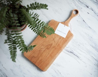Classic Cherry Wood Cutting Board with Handle, Wood Serving Board, Paddle Board
