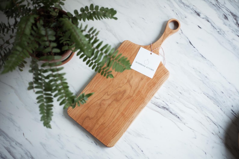 Classic Cherry Wood Cutting Board with Handle, Wood Serving Board, Paddle Board Single Piece No Glue Organic Finish image 1