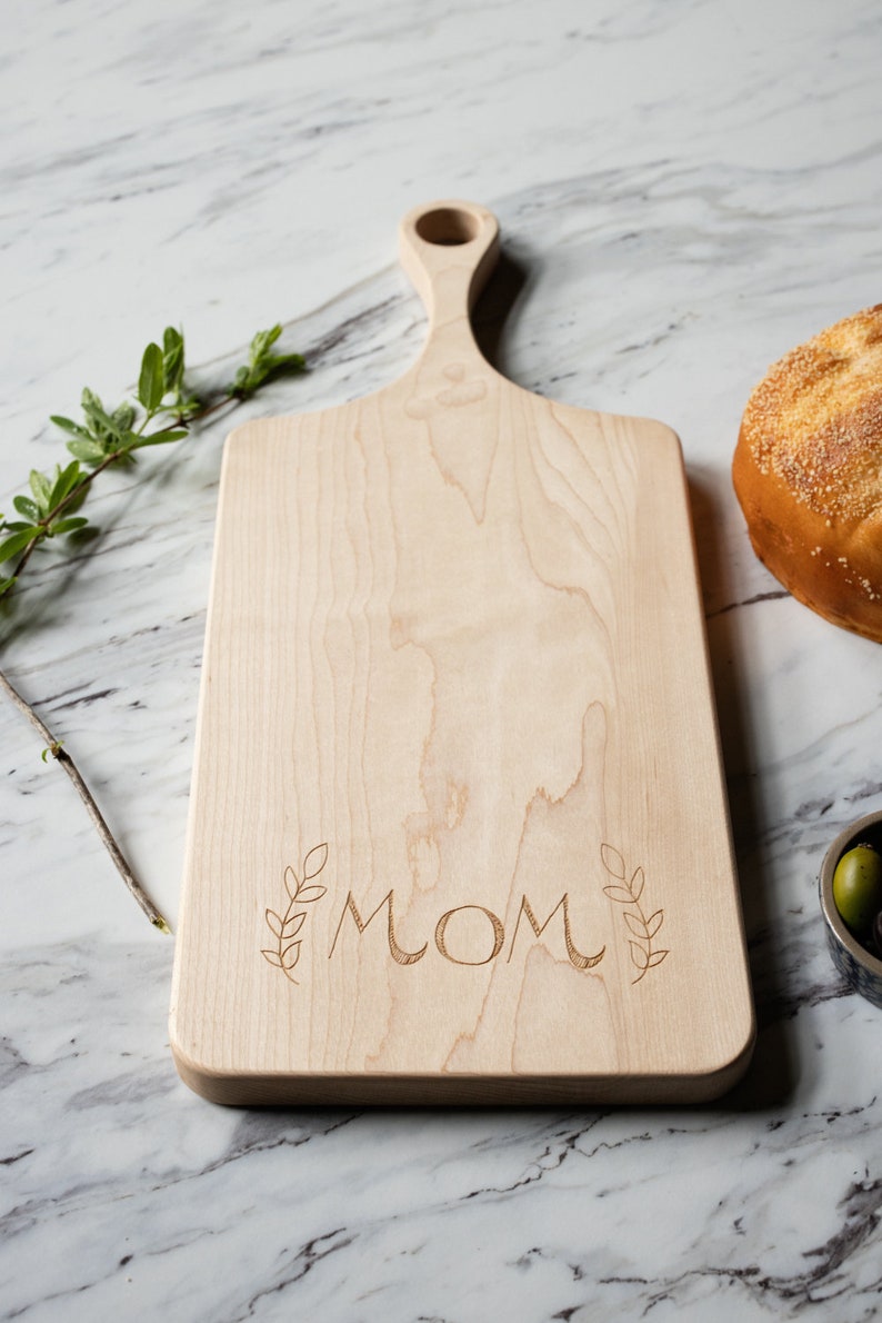 Mother's Day Gift Cutting Board MOM Engraved Small Maple Wood Cutting Board with Handle, Wood Serving Board, Paddle Board image 1