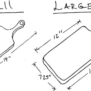 Puede incluir: Dibujo de l&iacute;nea de dos tablas de cortar, una etiquetada como "Small" que mide 9 pulgadas por 14 pulgadas y 5,35 pulgadas de ancho, y la otra etiquetada como "LARGE" que mide 12 pulgadas por 18 pulgadas y 7,25 pulgadas de ancho.