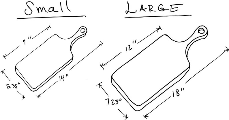 Puede incluir: Dibujo de l&iacute;nea de dos tablas de cortar, una etiquetada como "Small" que mide 9 pulgadas por 14 pulgadas y 5,35 pulgadas de ancho, y la otra etiquetada como "LARGE" que mide 12 pulgadas por 18 pulgadas y 7,25 pulgadas de ancho.