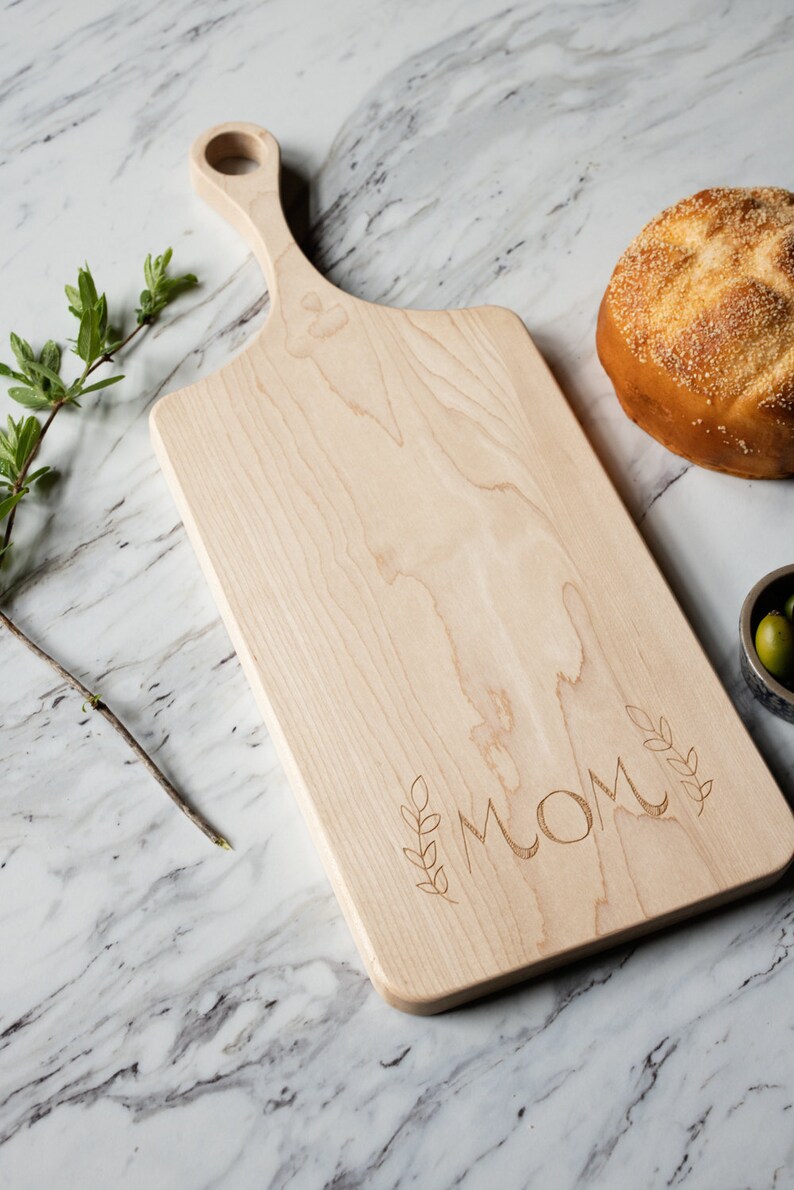 Mother's Day Gift Cutting Board MOM Engraved Small Maple Wood Cutting Board with Handle, Wood Serving Board, Paddle Board image 2
