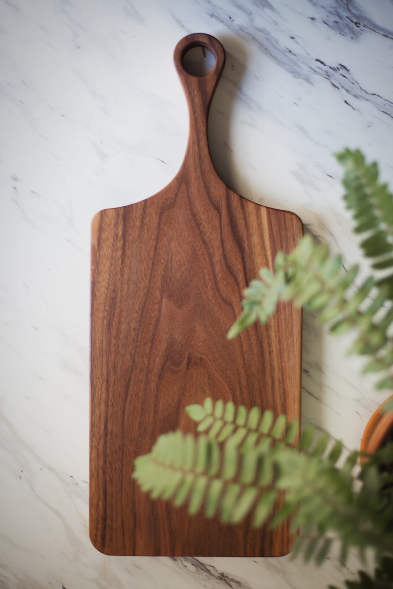 Classic Walnut Wood Cutting Board Organic Finish with Handle, Wood Serving Board, Paddle Board All Natural No Glue image 2