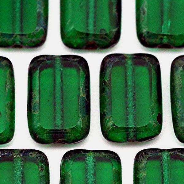 10 Czech Glass 12 x 8mm Rectangle Rich Emerald Spacer Beads with a Picasso Finish!