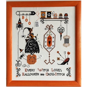 Framed cross stitch picture, Halloween, witch
