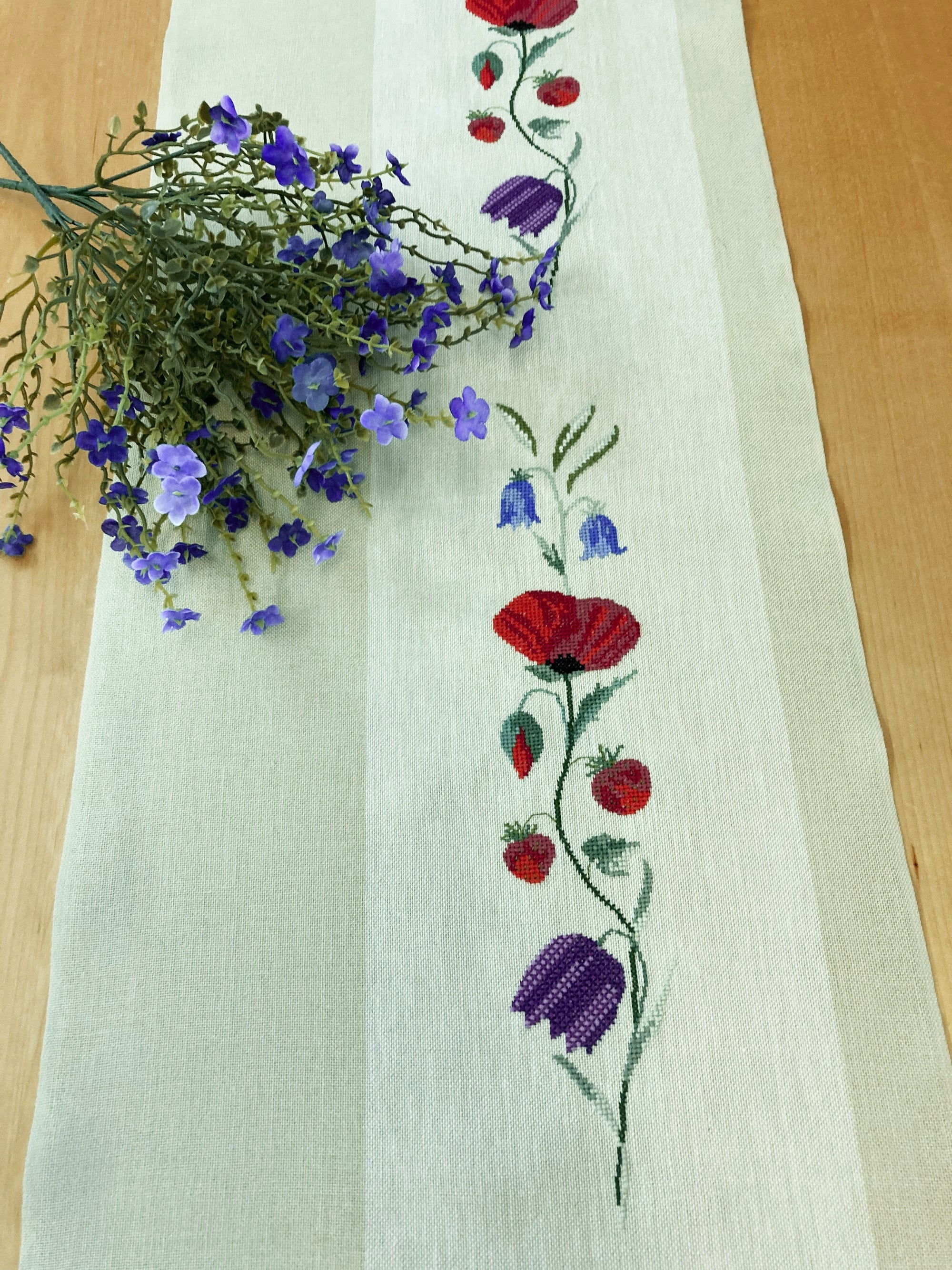 Hand Stitched Table Runner, Cross Stitch Table Runner, Modern Table