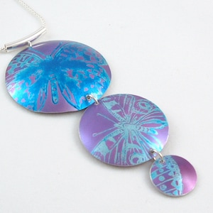 Butterfly butterflies anodised aluminium and silver necklace pendant anodized jewelry jewellery purple blue