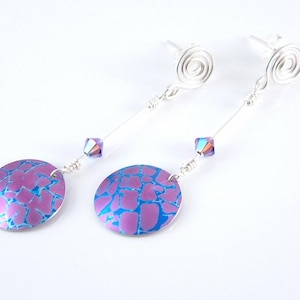 Purple and blue long earrings in anodised aluminium - sterling silver coiled studs Swarovski crystals Gift for her Colourful Earrings
