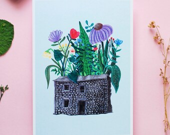 Little House Art Print | 5x7 Illustration | Flower Print | Botanical Print | Botanical Illustration | Floral print | Plant print