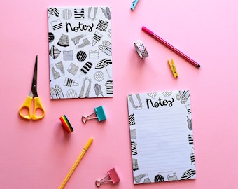 Cute Stationery Set including A5 Notepad and Lined Notebook with Black and White Art | Black and White Notebook | Cute Notebook