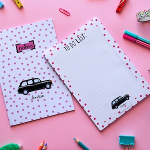 Set di quaderno e block notes con taxi nero di Londra | Set cartoleria illustrata | Cartoleria a pois | Blocco appunti | Quaderni a righe