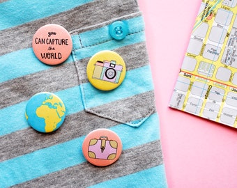 Set of 4 Cute Button Pins 1 inch | 25mm Backpack Button Pins Set | Travel Button Pins | Handmade Button Pins | Pretty Pins Pack