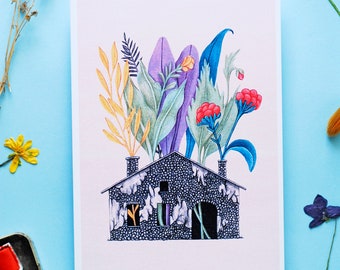 Little House Print | 5x7 Illustration | 8x11 Print | Botanical Print | Botanical Illustration | Floral print | Art print | Greenhouse print