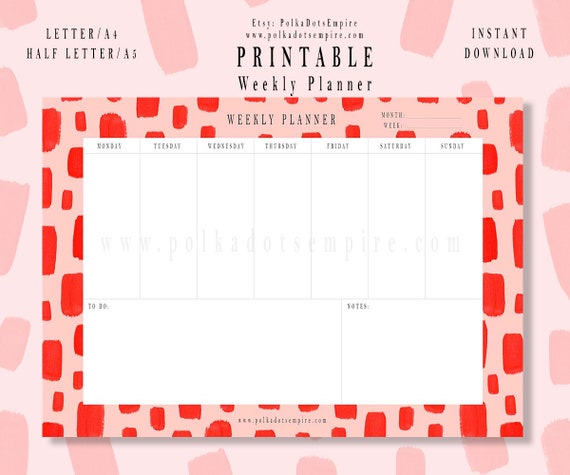 Calendario Settimanale Stampabile Download Istantaneo Etsy