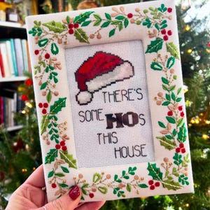 May include: Embroidered Christmas-themed picture frame with a Santa hat and the text "THERE'S SOME HO'S IN THIS HOUSE." The frame is decorated with green leaves, red berries, and gold beads.