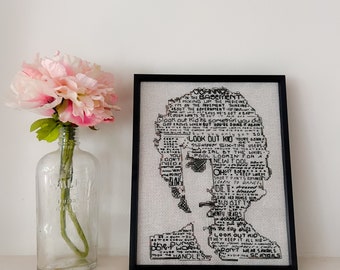 Bob Dylan cross stitch portrait, Subterranean Homesick Blues lyrics, original handmade embroidered word face tribute / poet gift folk music