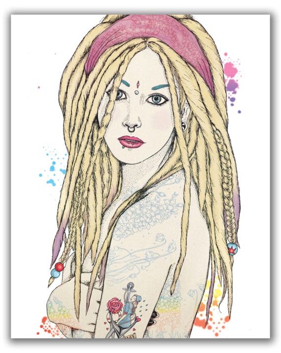 Tattoos And Dreadlocks Alternative Girl A6 Postcard Illustration Print