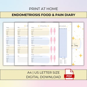 Endometriose Voedsel- en pijndagboek, symptoomtracker, chronische pijngrafiek, periodetracker, dagelijks dagboek, PDF-afdrukbare download, A4, US Letter