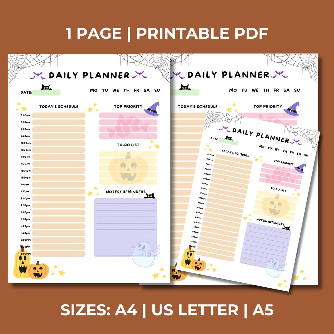 Printable Daily Planner, PDF A4, US Letter, A5 Sizes, Halloween Theme ...