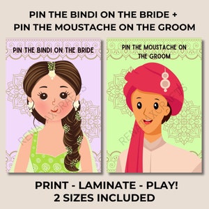 May include: Two printable game boards for a "Pin the Bindi on the Bride" and "Pin the Moustache on the Groom" game. The bride is wearing a green and gold outfit with a pink background. The groom is wearing a white outfit with a green background. Both boards have a decorative mandala pattern.