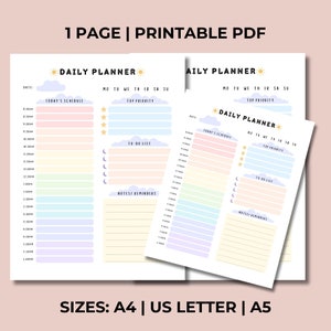Afdrukbare dagelijkse planner, pdf A4, US Letter, A5-formaten, regenboogweerthema, takenlijst, 1 pagina, agenda-organizer, dagboek