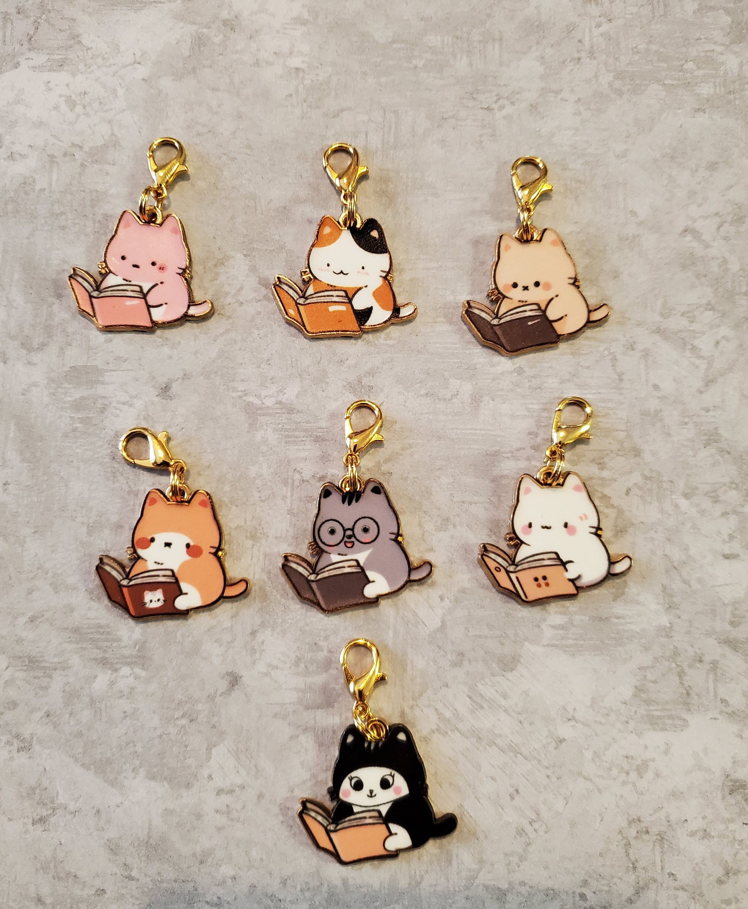 Book Cat Badge Reel Charm, Charm for backpack, lanyard, zipper, or keyring