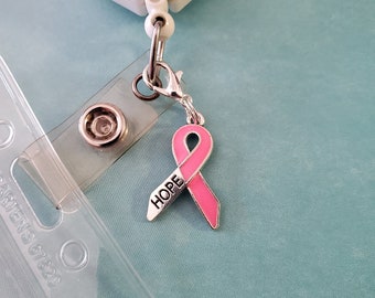 Breast Cancer awareness ribbon Badge Reel Charm, Charm for purse, lanyard, zipper, or keyring