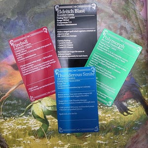 May include: Four colorful game cards with text, including "Fireball," "Eldritch Blast," "Polymorph," and "Thunderous Smite." The cards are red, black, green, and blue, respectively, and are set against a background of a fantasy illustration.