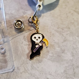 Grim Reaper Badge Reel Charm, Charm for backpack, lanyard, zipper, keyring, or bracelet