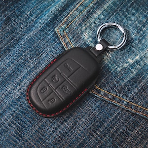 3W Key Fob Cover Case 4 Buttons for Dodge Ram Genuine Leather with Keychain 360° Protection