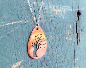 Tree Necklace/ Tree pendant / Hand cut silhouette pendant / Hand Cut Tree Pendant / Flower Tree Pendant / Copper Pendant