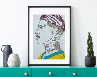 BOYS CRY art print, wall decoration in yellow green turquoise, fine art print that looks like it was embroidered, neck tattoo, man with hipster beanie purple violet