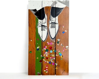 Street art confetti, sustainable hip grafitti urban art wall art on old sports hall parquet for office home office living room hallway loft