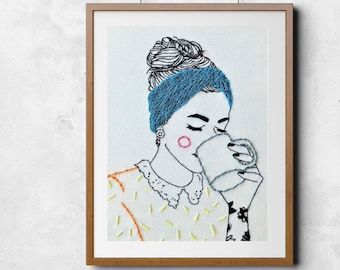BUT FIRST COFFEE art print, wall decoration coffee picture coffee love café coffee lover, high-quality fine art print in A4, which looks like embroidered