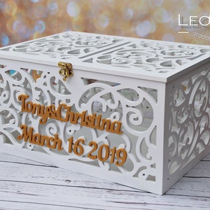 Caixa de dinheiro personalizada para cartão de casamento com slot - Porta-cartão de casamento com trava - Porta-dinheiro para cartão branco e dourado - Caixa de presente de casamento - Caixa personalizada de madeira