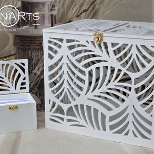 Caja para tarjetas de boda y caja para anillos con hojas de palma, juego de bodas con hojas de palma, tarjetero para boda con diseño de playa tropical y mar, recuerdo de boda de Hawái, regalo tropical