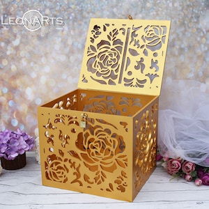 Caixa de cartão de casamento dourada com fechadura e rosas - Presente de casamento - Caixa de lembrança com cadeado e chave - Caixa de dinheiro de casamento com slot - Porta-dinheiro para cartão de casamento