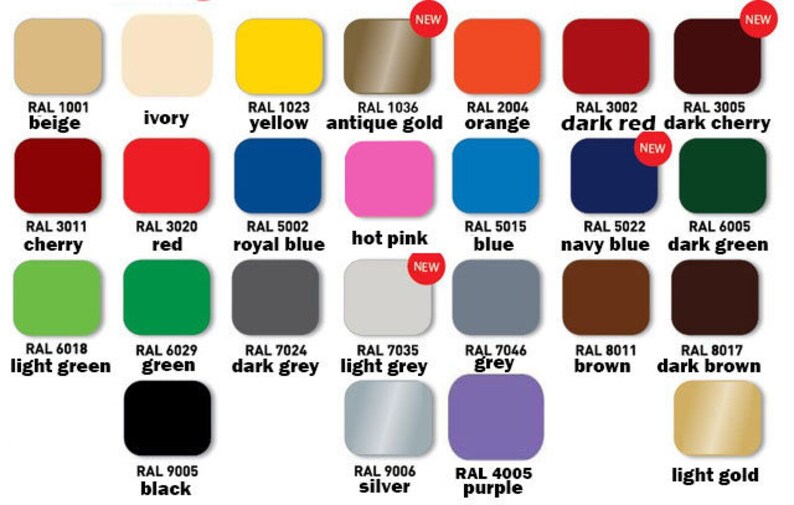 May include: A colour chart displaying twenty-eight rounded square swatches with corresponding RAL codes and colour names. The palette includes beige, ivory, yellow, antique gold, orange, red, cherry, blue, pink, navy, green, grey, brown, black, and silver.