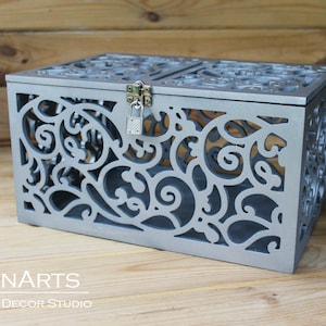 Abschließbare Hochzeitskartenbox in Silber-Silber Aufbewahrungsbox mit Schloss und Schlüssel-Hochzeitsspardose-Hochzeitskarte Geldhalter-Sperrholz Box-Hochzeitsgeschenk