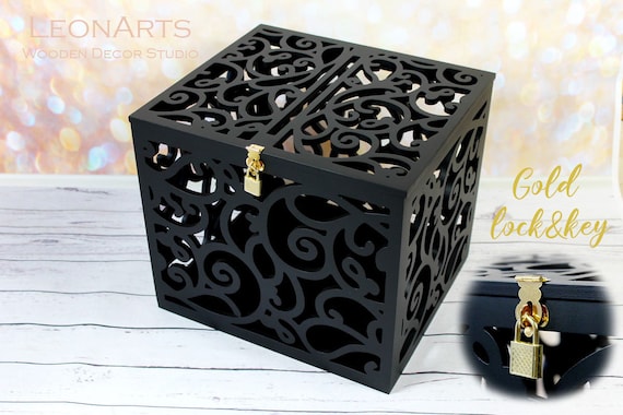 Lockable Wedding Card Box BIG Size black Keepsake Box With Gold