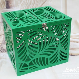 Caixa de cartão de casamento com folhas de palmeira - Caixa de dinheiro de casamento com folhas de palmeira verde - Casamento tropical na praia e no mar - Porta-dinheiro com fechadura para cartão - Casamento no Havaí - Presente