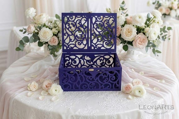 Wedding Card Box in Navy Blue-Gift-Wood Keepsake Box with slot-Wedding money box with lock-Wedding card money holder-Blue reception box