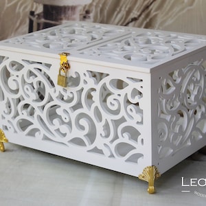 Caixa de dinheiro para cartão de casamento com fechadura com slot - Porta-cartão de casamento com pernas - Caixa de lembrança com fechadura e chave - Caixa de presente de casamento - Casamento branco e dourado