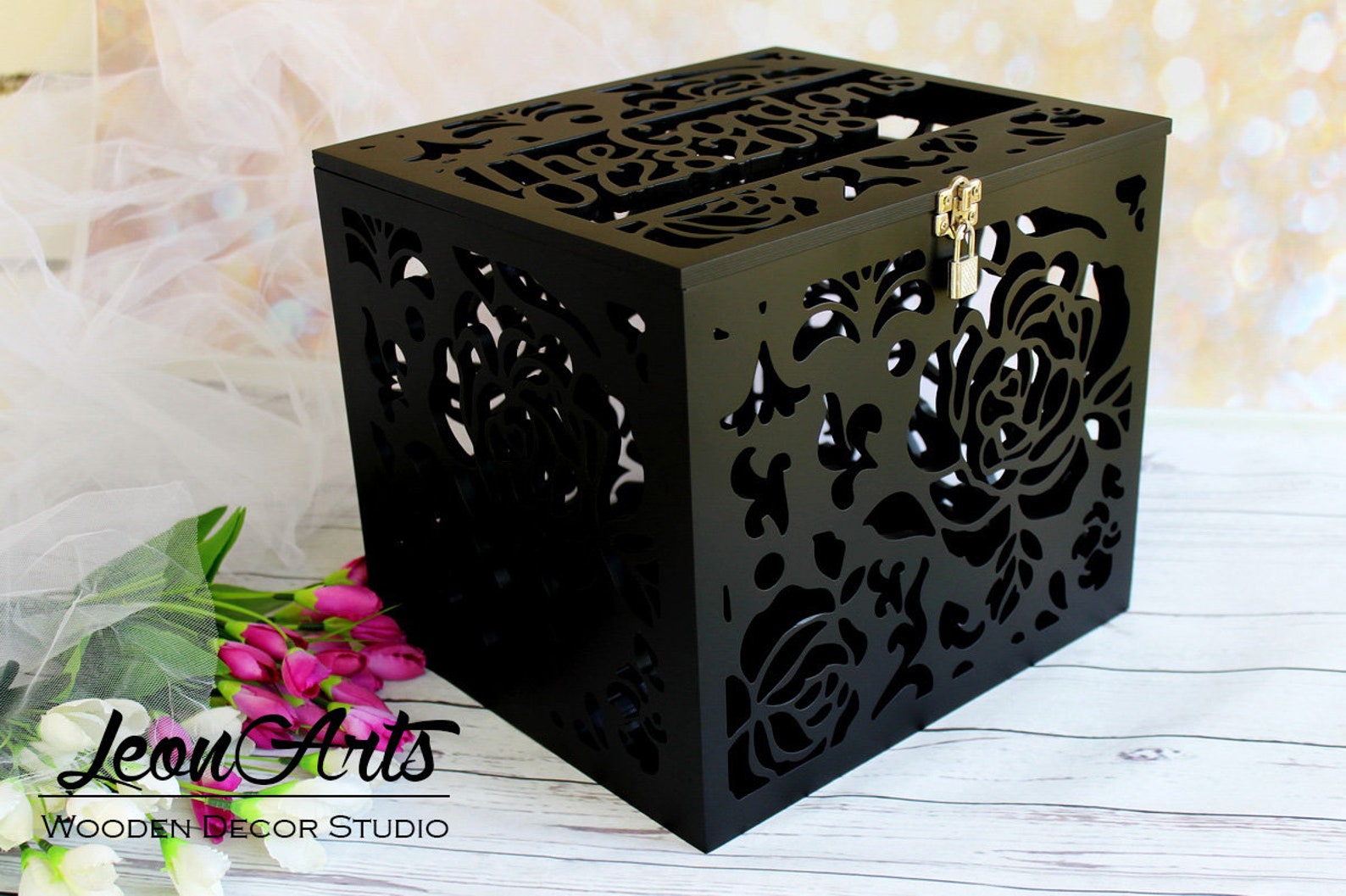 Personalized Lockable Black Wedding Card Box With Roses-wedding Gift ...