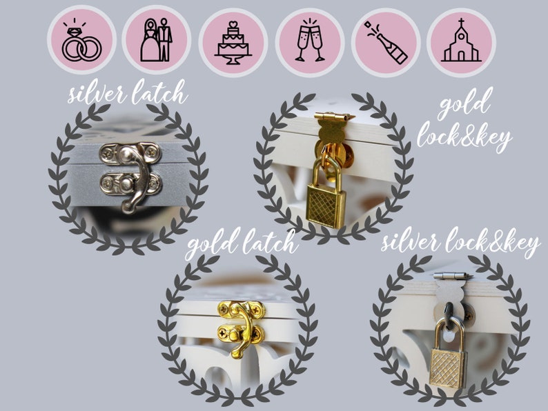 Puede incluir: Una imagen compuesta que muestra cuatro opciones de herrajes para una caja: un pestillo plateado, un candado y llave dorados, un pestillo dorado y un candado y llave plateados. Arriba hay seis iconos circulares rosas con s&iacute;mbolos de boda.