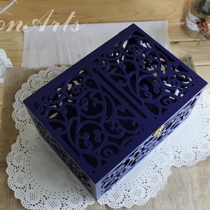 Wedding Card Box in Navy Blue-Gift-Wood Keepsake Box with slot-Wedding money box with lock-Wedding card money holder-Blue reception box image 5