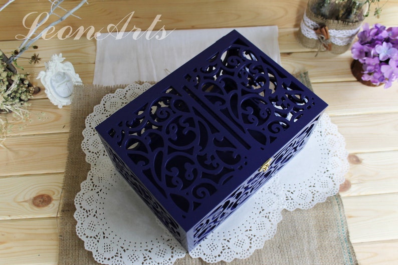 Wedding Card Box in Navy Blue-Gift-Wood Keepsake Box with slot-Wedding money box with lock-Wedding card money holder-Blue reception box image 5