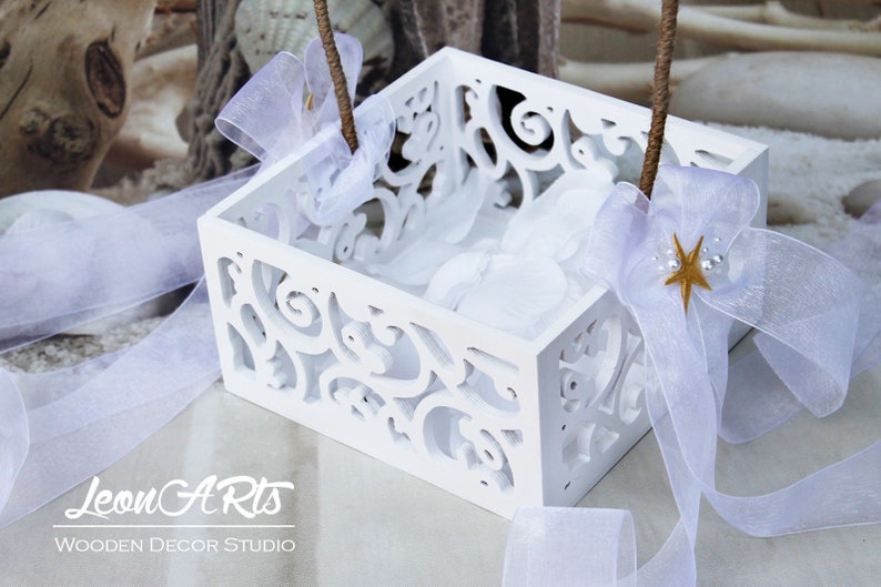Beach Flower Girl Basket-Here comes theBride-White Tropical Petals Basket-Girls Gift basket-Wooden Wedding burlap basket-Bride Hawaii basket
