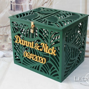 Caixa de cartão de casamento com folhas de palmeira personalizadas - caixa de dinheiro com folhas de palmeira verde escuro - caixa de praia tropical - porta-dinheiro com chave - caixa do Havaí - presente